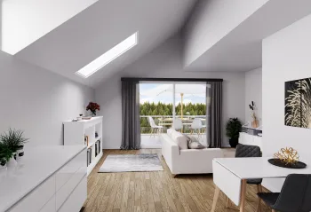 Wohnbereich in einer Dachgeschosswohnung /d-mind GmbH Manzen