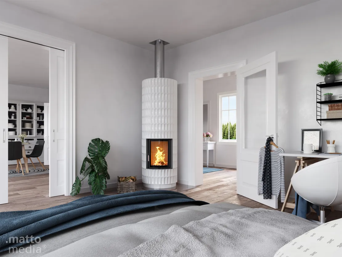 Produktvisualisierung eines Kaminoffens in einer Loft Szene