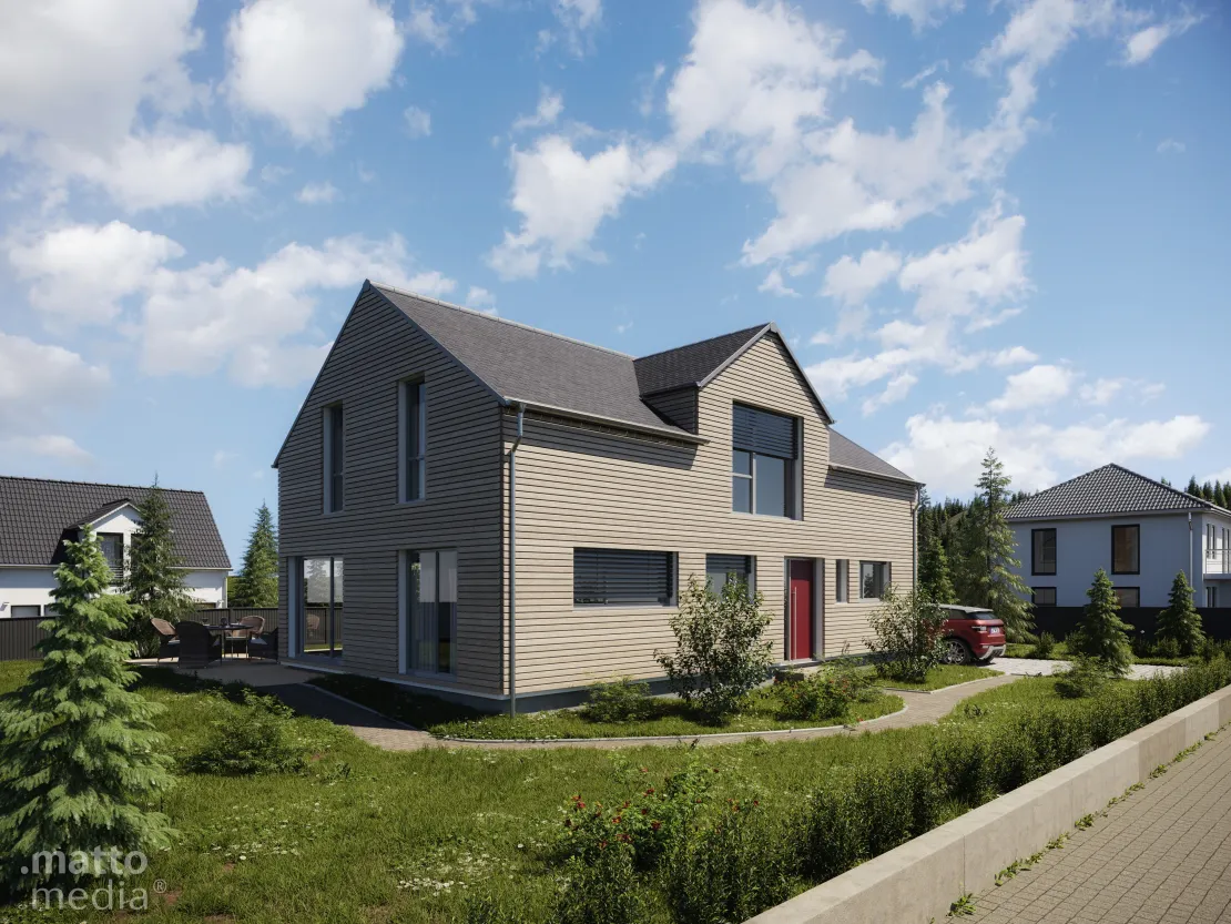 3D Visualisierung eines idyllischen Einfamilienhaus in Holzoptik